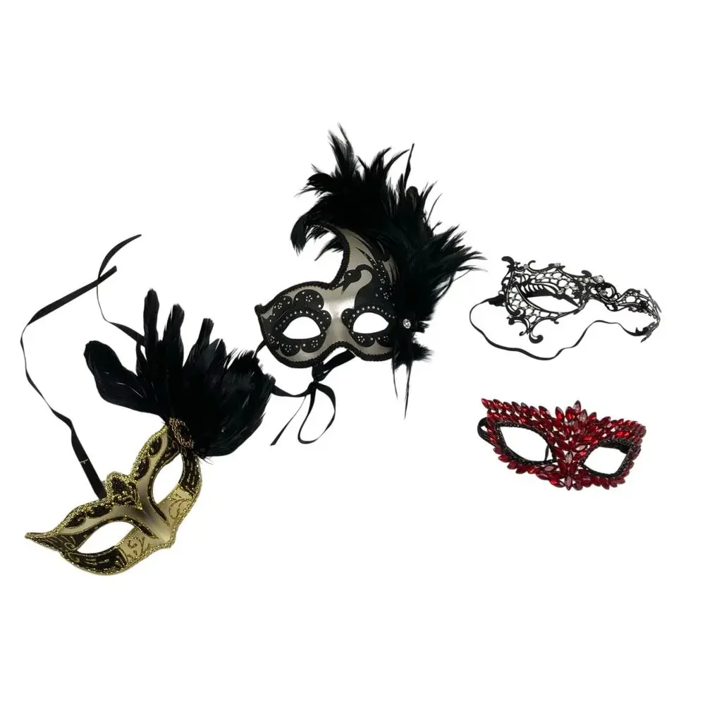 Venetian Mardi Gras Masquerade Masks Textured Lace Feathers Gems Swan Lot of 4